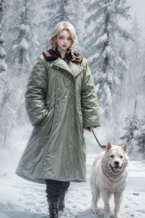 realistic, photorealistic, best quality, masterpiece, ultra high res, finely detailed, quality, realistic lighting, detailed skin, intricate details, raw photo, absurdres, highres, ultra detailed, BREAK, 1girl, solo, looking at viewer, 18 years old, hand of Guido Daniele, BREAK, portrait of a award winning photo of beautiful girl posing in a dark studio, (rim lighting:1.4), two tone lighting, sharp focus, octane, unreal, dimly lit, low key, cell shading, digital art, dark and gloomy full body 8k unity render, (vibrant, dramatic, 8k), detailed light, light particles, etailed background, reflection, refraction, (Rembrandt lighting), (dynamic lighting), ray tracing, volumetric lighting, (dramatic lighting), (explosive light and shadow), complex background, solo focus, (Dynamic Pose, Dynamic Angle), high contrast colours, vibrant colors, colorful, moody lighting, natural light, vivid, BREAK, outdoors, (girl in snow:1.4), (fluffy dog, green coat:1.3), (platinum blonde hair, twin braids:1.4), snow boots, full body, (snowfall, snow storm, snowman, snowing, frosty breath, snow falling, heavy snow, snowflakes, Frost, cold, snowfield, snowy mountains, snowy forest:1.4), BREAK, (detailed intricate iris, beautifu and aesthetic face, detailed face, clean facial features, an extremely delicate and beautiful, beautiful detailed eyes, stars in the eyes, Pink lips, Glowing Eyes, perfect face, detailed pupils, Makeup, full-face blush, parted lips, long eyelashes, smug expression, grin, smile, happy), (nice hands, sexy, slim, large breasts, skinny, narrow waist, human anatomy, skin pores), BREAK, film grain, Overdetailed art, official art, beautiful and aesthetic, delicate, Ultrarealistic, Detailed illustration, extremely detailed CG Unity 8k wallpaper, huge filesize, 8k uhd, BREAK, <lora:GoodHands-beta2:1>, <lora:epiNoiseoffset_v2-pynoise:2>, <lora:add_detail:0.4>, <lora:jdy20131201:0.8>