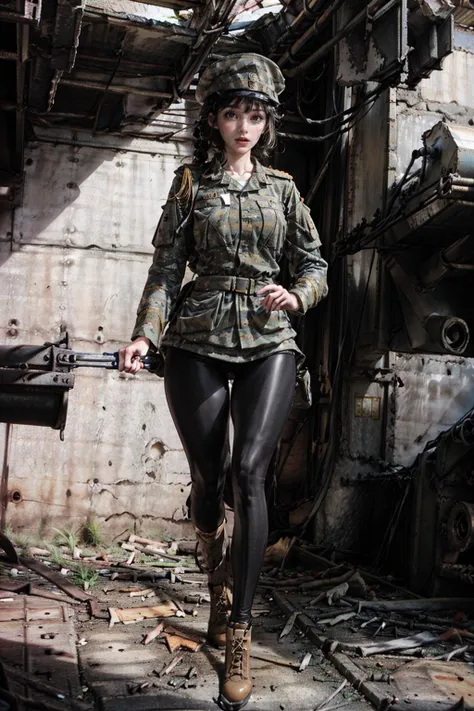 1girl, solo, dynamic angle, (Best quality, 8k, 32k, Masterpiece, UHD:1.2), Realistic , beautiful detailed hands, cinematic light, ultra detailed, (black hair:1.3), high quality, (beautiful woman soldier in a russian military uniform, black leggings:1.4), skinny figure, whole body, full body viewer, (factory interior background:1.5), <lora:factory_ruins230422-20:0.75>, (confidently training, a tired, very nervous look, an open-mouthed, frawn eyes:1.4), (running in abandend factory:1.5), holding rifle, ak-47, <lora:ak47:1>
