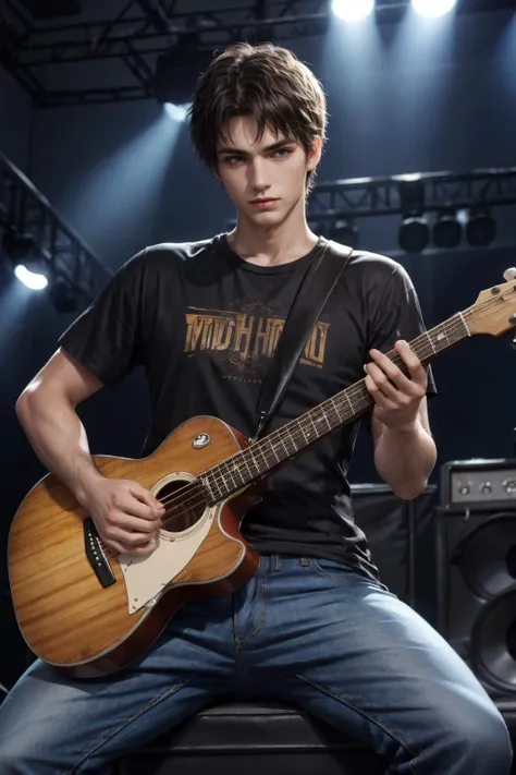 highly detailed full body photo of a naked boy band guitar player, only wear necklace, lean, thin, skinny, slim, (playing guitar on stage), , bare chest, naked man, navel hair, (well defined face, gentleman:1.3 ), (detailed face), (perfect detailed eyes, focus on eyes, bright eyes:1.1), focus on face, middle age, father, powerful, raw, 8k uhd, high resolution, DSLR, high quality, Fujifilm XT3, award winning, masterpiece