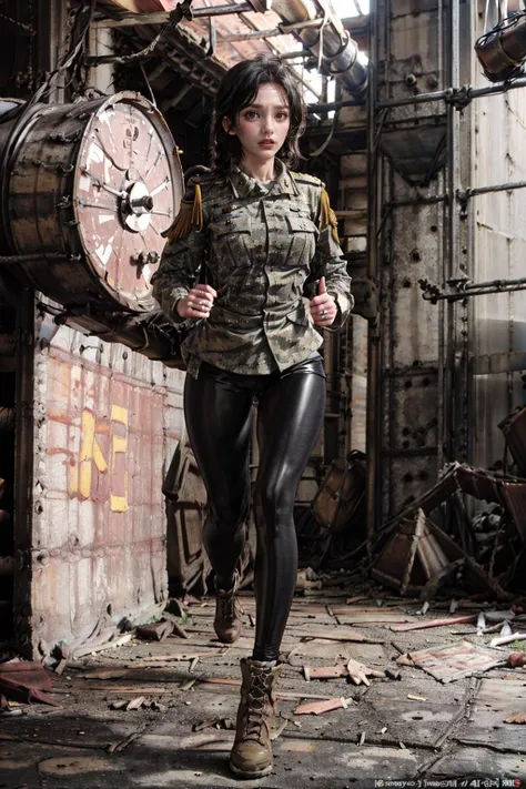 1girl, solo, dynamic angle, (Best quality, 8k, 32k, Masterpiece, UHD:1.2), Realistic , beautiful detailed hands, cinematic light, ultra detailed, (black hair:1.3), high quality, (beautiful woman soldier in a russian military uniform, black leggings:1.4), skinny figure, whole body, full body viewer, (factory interior background:1.5), <lora:factory_ruins230422-20:0.75>, (confidently training, a tired, very nervous look, an open-mouthed, frawn eyes:1.4), (running in abandend factory:1.5), holding rifle, ak-47, <lora:ak47:1>
