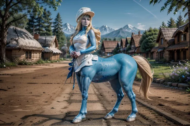 realistic analog photo, award winning photo,
 <lora:smurfette2-10:0.75> smurfette, blonde long hair, colored skin, blue skin, hat, blue eyes, white dress, 
 <lora:CentaurConcept_v1:0.75> centaur, wearing reigns, wearing saddle,
RAW, highres, 8k, uhd, High Dynamic Range, tonemapping, crisp details,
