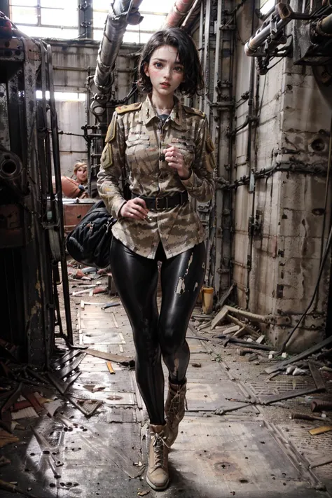 1girl, solo, dynamic angle, (Best quality, 8k, 32k, Masterpiece, UHD:1.2), Realistic , beautiful detailed hands, cinematic light, ultra detailed, (black hair:1.3), high quality, (beautiful woman soldier in a russian military uniform, black leggings:1.4), skinny figure, whole body, full body viewer, (factory interior background:1.5), <lora:factory_ruins230422-20:0.75>, (confidently training, a tired, very nervous look, an open-mouthed, frawn eyes:1.4), (running in abandend factory:1.5), holding rifle, ak-47, <lora:ak47:1>