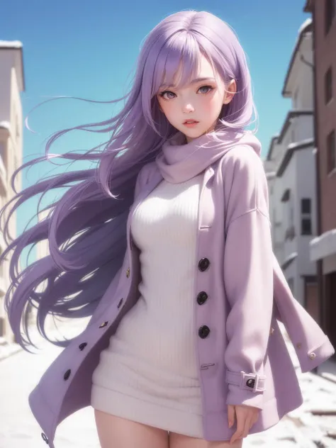 (masterpiece:1.1), (detailed:1.1), (realistic:0.8), 1girl, (pale purple hair:1.2) + (long hair:1.1), medium breasts, (sweater dress:1.1) + (wind coat:1.1), scarf, hair decoration, street, sky, snows