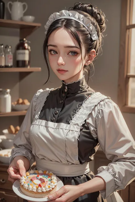 (masterpiece), best quality, 1woman,
best quality, masterpiece, absurdres, (beautiful face),
A young maid, dressed in a crisp white uniform with black accents, standing in a spotless kitchen. Her hair is pulled back into a neat bun, and she wears a small apron with the words 'Maid for You' written on it. In her hands, she holds a freshly baked cream cake, its frosting still slightly melty at the edges. The cake is decorated with colorful sprinkles and a single candle, lit and flickering. The maid looks directly at the viewer, a small smile playing on her lips as she presents the cake.