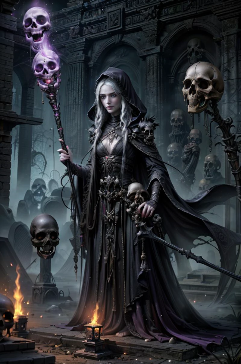 realistic analog photo, award winning photo,
<lora:Necromancer:0.8> necromancer, 1boy, gaunt figure , (holding on hand a wizard staff:1.1) decorated with a ornate skull on staffhead, (radiating aura around staff:1.1), a bandolier of vials strapped across chest, (purple glowing vials:1.1), (holding a cermeonial dagger on hand:1.1), intricate curved dagger,
wearing a ragged robe with swept back hood,
<lora:RealmsOfTheDead:0.75> rede, underground, catacombs, skull walldecorations, lit lanterns, misty atmosphere, bone pile on floor, decaying corpse in open wooden coffin,
RAW, highres, 8k, uhd, High Dynamic Range, tonemapping, crisp details,