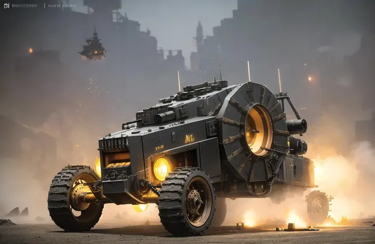 cinematic,
<lora:SteampunkAI-10mb-Lora:0.8>, steampunkai,
a heavy armored buggy moving, (firing machine guns:1.2),
battlefield, combat,
high contrast, micro-details, octane render, isometric render