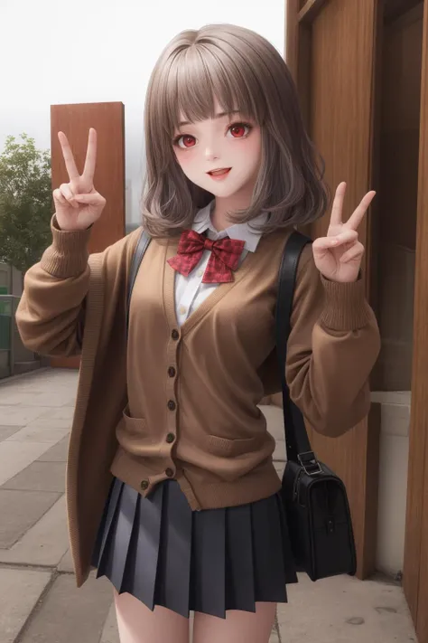 masterpiece,best quality,extremely detailed 8K wallpaper,pov,red eyes,
1girl,alice,<lora:äººç©ç±ä¸½ä¸:1:lbw=1,0,0,0,0,0,0,0,1,1,1,0,0,0,0,0,0>,flat chest,
portrait,standing,looking at viewer,brown cardigan,red bowtie,shirt,pleated skirt,
outdoors,peace_sign,:D,