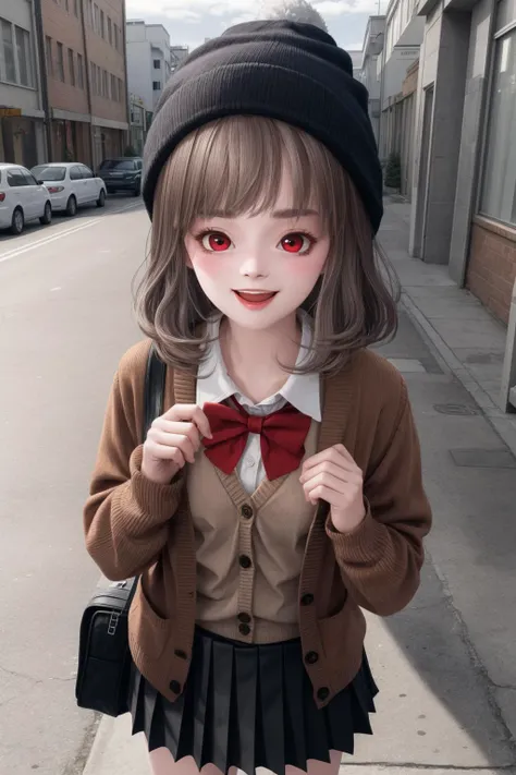masterpiece,best quality,extremely detailed 8K wallpaper,pov,red eyes,
1girl,<lora:人ç©ç±ä¸½ä¸:1:lbw=1,0,0,0,0,0,0,0,1,1,1,0,0,0,0,0,0>,flat chest,
standing,looking at viewer,brown cardigan,red bowtie,shirt,pleated skirt,open mouth,smile,animal_hood,
outdoors,street,building,
cat_pose,claw pose,