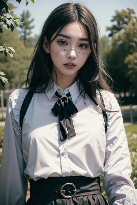 ultra realistic 8k cg, masterpiece, ((ultra detailed background, delicate pattern, intricate detail)), (highly detailed, fine details), best quality, 1girl, (photorealistic:1.4),beautiful lighting, absurdres, yoru, 1girl, long hair, red eyes, scar on face, scar on nose, ringed eyes, pinafore dress, black ribbon, RAW photo, film grain, <lora:yoruChainsawMan_v2:1>, ulzzang-6500-v1.1