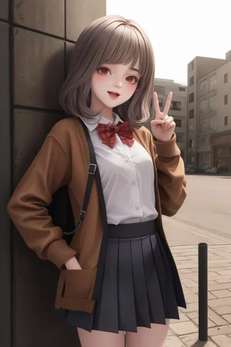 masterpiece,best quality,extremely detailed 8K wallpaper,pov,red eyes,
1girl,alice,<lora:人ç©ç±ä¸½ä¸:1:lbw=1,0,0,0,0,0,0,0,1,1,1,0,0,0,0,0,0>,flat chest,
portrait,standing,looking at viewer,brown cardigan,red bowtie,shirt,pleated skirt,
outdoors,peace_sign,:D,