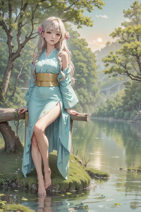(masterpiece), best quality, 1woman,
best quality, masterpiece, absurdres, (beautiful face), full body shot,
1girl, solo, short kimono, river, sitting on branch, sunrise,
In the soft embrace of dawn, a girl is perched gracefully on a sturdy branch overlooking a tranquil river. She's adorned in a short, pastel-hued kimono that flutters in the gentle morning breeze. Her hair, kissed by the first light of the sunrise, cascades in loose waves, shimmering like spun gold. The complexity lies in the harmony of her attire with the serene landscape, as she embodies the calm and ethereal beauty of a new day.