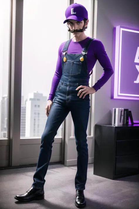 (masterpiece, best quality:1.3), photorealistic,
<lora:Character - Waluigi (Super Mario) v2:0.6>, Waluigi, ((1 boy)), slim, tall, long legs, uppside down L symbol on hat, purple overall, mustache, inside, at Twitch headquarters, streaming games, room with purple light, backlight, purple neon lights, (((Twitch logo))), purple interior, green plants in background, purple logo, lobby, twitch,
Colorful, Bright Front face Lighting, ultra high res, ultra-detailed, highres, absurdres:1.2, (vibrant color:1.2)