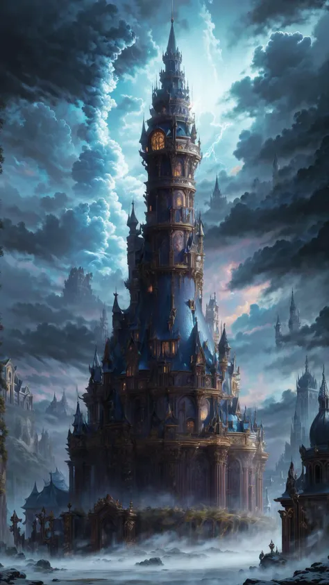 Dreamscape,
Renaissance style,
Masterwork Painting, Magnum Opus,
<lora:Wizard_Tower:0.75> witow, tower emerging from a castle into the sky, smooth wall, pointed roof with overhang,
many tower wall windows with omnious magical glow,
gloomy cloudy sky, lightning bolts filling the sky, lightning bolts illuminating the clouds,
no humans, scenery ,
highres, 8k, uhd, High Dynamic Range, tonemapping, crisp details, intricate details, fine details,
. Realistic, perspective, light and shadow, religious or mythological themes, highly detailed,
. Surreal, ethereal, dreamy, mysterious, fantasy, highly detailed
