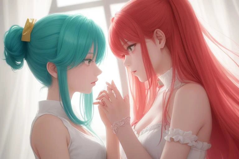 2girls,souryuu asuka langley,female, idol, classical, elegant, pink and white outfit with gold and purple accents, soft and delicate features with rich details, soft lighting with subtle shadows and depth, refined and delicate lines, subtle contrast with soft highlights and shadows, static effect for a serene and romantic atmosphere, representative artwork of the character, blue hair and green hair and red hair,