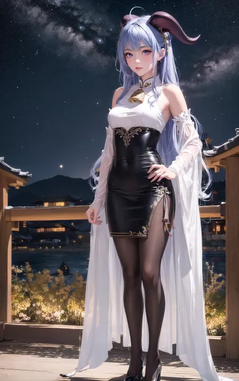 full-body realistic shot of Ganyu, sharp details, natural texture wet white skin, intricate closed Japanese dress, big purple eyes, long lashes, red-black horns, thick long (blue hair), ahoge, sidelocks, blush, bangs, bare shoulders, black gloves, detached white sleeves, black pantyhose, flower knot, Chinese knot, neck bell, tassel, at night, outdoors, beautiful lights, milky way