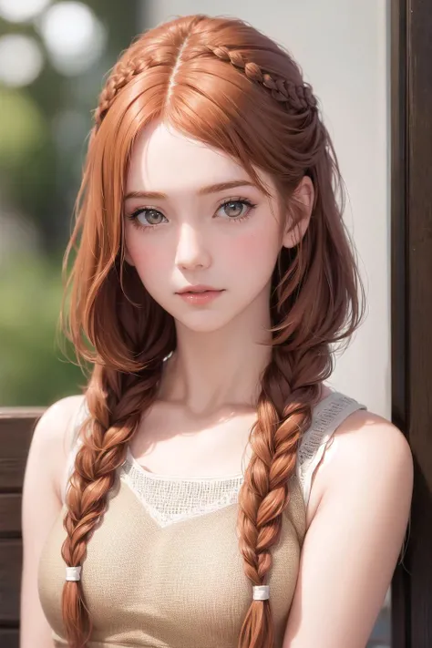 detailed, realistic,
a girl, ginger hair,
single braid, long braid, French braid, braid over shoulder