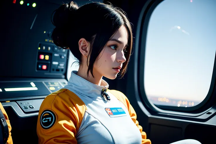 Young woman in spacesuit,  upper body, funky hairstyle, (best quality), [:intricate details:0.2], (detailed_background), __spaceship__, inside spaceship, octane render, unreal engine, 8k, trending on art station, realistic, beautiful, masterpiece, f1.6.  SIZE 1152x768