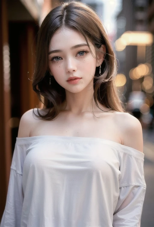 (best quality), (masterpiece), (high resolution),professional lighting, focus all body, night terrace, detailed background, 1girl, (beautiful face:2), fine skin, smile, long wave brown hair, sky blue eyes, (oversized clothes, white t-shirt:1.5), (off shoulder:1.2), (Medium beasts:1.35), nipple,  <lora:oversizedShirt_v10:1>