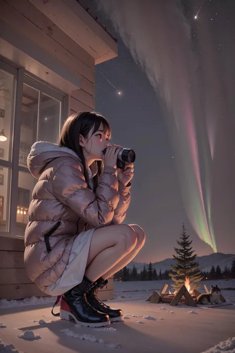 (masterpiece), (best quality:1.2), absurdres, [:intricate details:0.2], 1girl, front view, aurora, black hair, camera, campfire, city lights, constellation, crescent moon, earth_\(planet\), galaxy, hood, hood down, hooded jacket, lamppost, light particles, long hair, long sleeves, milky way, night, night sky, outdoors, planet, power lines, shooting star, sitting, sky, skyscraper, snow, snowing, solo, squatting, star_\(sky\), starry sky, starry sky print, telescope, tree, twilight, winter, cat