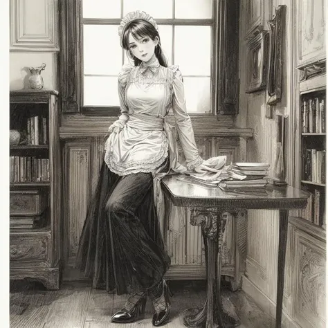 p girl,beautiful angelic face,
wearing a maid's skirt and apron,stockings,high heels,topless,
in a victorian study with books and bookcases,old wooden floor,
85mm Nikon lens,
Charcoal:1.5 sketch:1.5,illustration,painting,manga,pencil drawing,grayscale,monotone,vignette,
durer-style:0.5 <lora:add_detail:1.3> <lora:epi_noiseoffset2:1> <lora:oldSketchStyle_v1:0.5> <lora:otoyomegatari:0.5> <lora:jkPuffyNipples_V01:0.5> <lora:chichi-v1fix-lora-32dim-8ep-novae-newcraft:0.25> kath3r1n3langf0rd2:0.8,