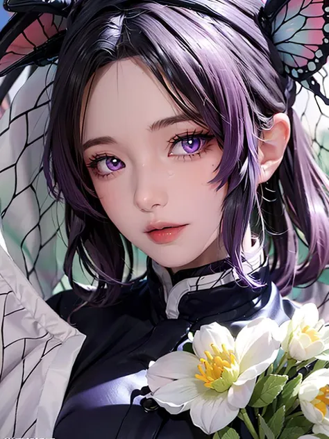 Ultra-realistic 8k CG,masterpiece,((ultra-detailed background, delicate pattern, intricate details)),best quality,very detailed face,extremely detailed eyes and face,extremely detailed eyes,<lora:Kochou_Shinobu:1>,kochou shinobu,multicolored hair,no bangs,hair intakes,purple eyes,forehead,black shirt,black pants,haori,butterfly,buttons,belt,(Garden:1.2),purple flower,chibi,<lora:blindbox_v1_mix:0.3>,cloudy sky,sunlight,Tindal effect,gradient_sky,<lora:asianGirlsFace_v1:0.8>,face,Gorgeous sky,Waist Sabre,Charming posture,