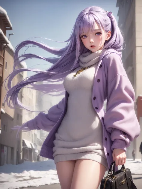 (masterpiece:1.1), (detailed:1.1), (realistic:0.8), 1girl, (pale purple hair:1.2) + (long hair:1.1), medium breasts, (sweater dress:1.1), (wind coat:1.1), scarf, hair decoration, street, sky, snows, <lora:DetailTweaker:0.6>