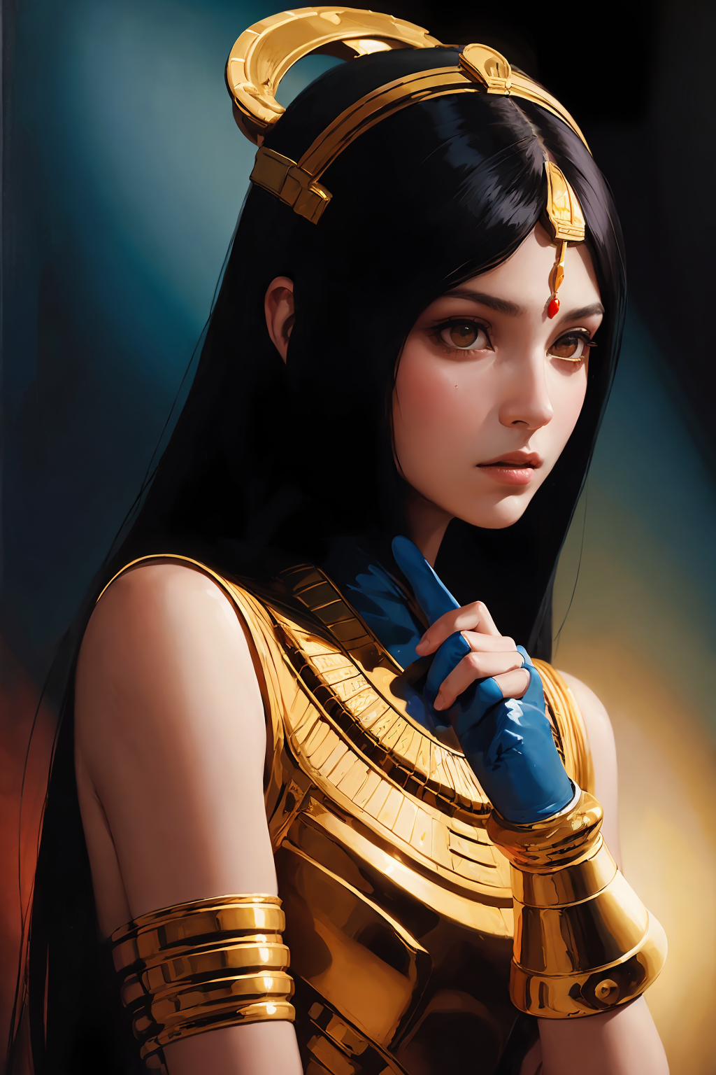 A close up of a woman in a gold outfit with a blue glove - SeaArt AI