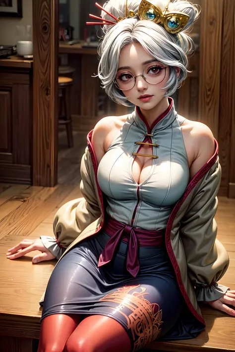 ((best quality)), ((masterpiece)), (detailed), reflections, (extremely detailed CG unity 8k wallpaper), cinematic lighting, detailed background, purah, red glasses, hair ornament, white jacket, sleeveless shirt, black skirt, orange leggings, (red eyes, detalied eyes:1.3), smile, breast, middle age, tavern, food, sitting in front of the table, closeup, upper body <lora:purah-nvwls-v2:0.8>  <lora:add_detail:1>