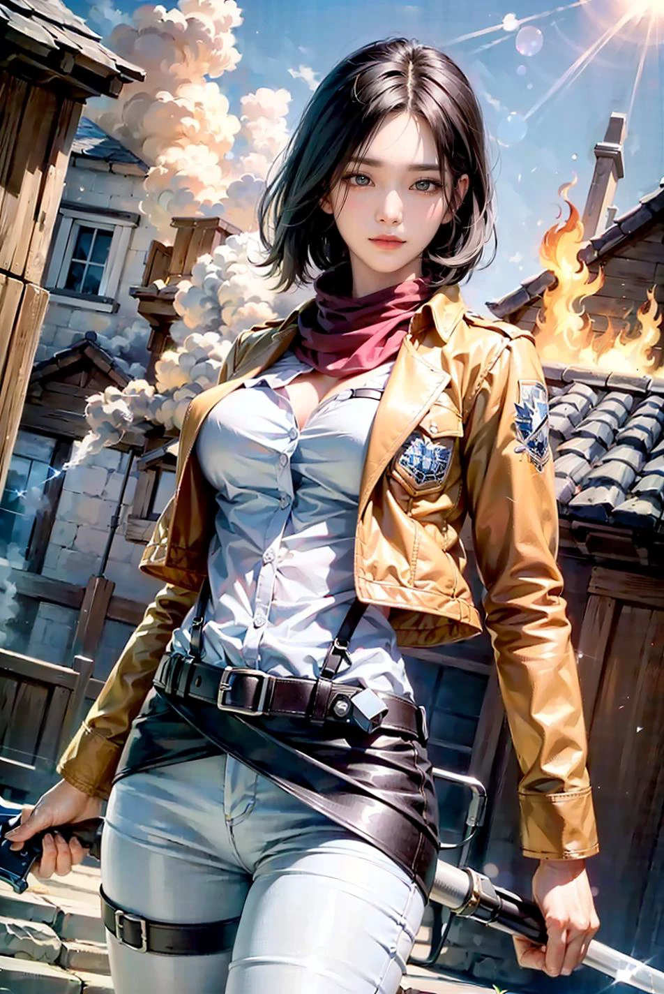<(best quality, extremery best quality, masterpiece:1.4), (realistic, intricate details:1.4), (photorealistic:1.4), (extremely intricate:1.4), highres, ultra highres, ultra-detailed, absurdres, incredibly absurdres, extremely detailed, high quality, high resolution, hyperrealistic, ultra-realistic, hyper-detailed, top quality, best, fine detail, massive detail, Highly detailed, extreme detailed, highest detailed, high-res, absolutely resolution, reflection, (refraction:1.4), (hyperrealism:1.4)>, BREAK, 1girl, solo, looking at viewer, (young cute beautiful 18-year-old girl:1.4), 3d face, beautiful girl, Beautiful face, pretty, girlface, kpop idol, supermodel, stunning innocent symmetry face, perfect body, medium breast, slim waist, slim legs, (high detailed skin:1.4), glowing eyes, goddess, natural skin texture, shiny skin, White skin, Beautiful detailed face, detailed face, real skin texture, cute delicate face, finely detailed face, golden ratio, golden ratio face, expressive eyes, perfect face, perfect skin, flawless face, clear face, shiny hair, pale skin, Proper body proportion, perfect anatomy, realistic skin texture, luscious lips, glossy lips, natural makeup, beautiful bright pupils, slender figure, intricate eyes, detailed pupils, detailed face and eyes, longeyelashes, blush, good hand, perfect hands, pretty face, beautiful female bodies, finely detailed skin, oily shiny skin, BREAK, (((((Attack on Titan, (brown jacket, emblem, white shirt, white pants:1.5), (hmmikasa, short hair, black eyes, scarf, belt, thigh strap, red scarf, long sleeves:1.4), (holding weapon, sword, dual wielding, three-dimensional maneuver gear, fighting stance, sky:1.4), (battle, adventurous look:1.3), (blush, fantasy, scenery, plants, open mouth:1.2), (highly detailed worn metal texture:1.2), (floating colorful sparkles, light is shining, dust is drifting, floating catkins, fog, wind:1.2), (rust, dirt, dust, scratches, abrasions on the metal texture:1.2), (fly:1.4), (Luminescent Particles:1.3), (Old City of Dubrovnik, Avila, Historic Fortified City of Carcassonne, Noerdlingen,Ancient castle, Romanesque architectural style, Gothic architectural style, Renaissance architectural style, Baroque architectural style, Half-timbered house, Medieval castles, Romanesque forts, Gothic walls, Tudor style architecture, British style architecture, medieval village setting:1.3), (50m high city wall:1.5), (city surrounded by walls, ember, battlefield, grey mist, smoke, explosion, apocalyptic, destroyed city background, buildings on fire:1.4), (fullbody:1.2), (eye focus, face focus, character focus, close-up face:1.2), (dutch angle, cowboy shot:1.3), (hand of Guido Daniele:1.4), flat bangs, colorful refraction)))), BREAK, <watercolor, available light, detailed light, volumetric fog, beautiful lighting, Rembrandt lighting, Cinematic, pixel art, game art, key visual, surreal, PBR Texturing, Anisotropic Filtering, Maximum Clarity And Sharpness, Albedo And Specular Maps, Multi-Layered Textures, Surface Shading, Sub-Pixel Convolution, Sub-Pixel Convolution, Accurate Simulation Of Light-Material Interaction, blurry foreground, broad light, volumetric light effect, matte painting, perfectly defined features, volumetric lighting, Tone Mapping, Lumen Reflections, Global illumination, Ray Tracing, Screen Space Global Illumination, Accent Lighting, 32k, Natural Lighting, volumetric, cinematic masterpiece, Rule of thirds, high dynamic range, Multi-exposure HDR capture, cinematic render, game cg cinematic, atmospheric perspective, movie scene, epic dynamic frame, motion blur, ((cinematic look, Film look)), rim light, 4k textures, adobe lightroom, photolab, insane details, hyperdetailed, exposure blend, professional color grading, professional color correction, aerial perspective, particles and dust in beams of light, cinematic scene, dynamic lighting, sharp details, lomography, soft focus, light leaks, bold hues, atmospheric depth, (explosive light and shadow:1.2), aesthetics, intricate designs, ultra realistic digital art, (zentangle, mandala, tangle, entangle), (fractal art), elegant, vivid colours, floating particles, particles, dramatic, epic, (ink drawing, oil painting detailed), (dramatic lighting:1.2), RAW, huge filesize, extremery detailed CG, Photo, 8k uhd, cinematic atmosphere, trending on artstation, award-winning glamour photograph, highly detailed photo, official art, beautiful and aesthetic, unity 8k wallpaper, beautiful, highly detailed CG illustration, best illustration, intricate, Amazing, emotional, analog, painting, digital painting, concept art, Oil Painting, illustration, Classical art, Renaissance, Romanticism, Neoclassicism, Color Palette, depth and contrast, Vibrant colors, saturated, rich saturation, color harmony, vivid palette, concept-art, design style, detail character, concept render, colorful, analog photography, dreamy atmosphere, specular highlights, atmospheric lighting, (dynamic angle, dynamic pose :1.3), (shiny, clothes reflecting light, lens flare, bloom effect, light particle, lens glare:1.3), realistic lighting, cinematic light, (cinematic lighting), light in the face, soft lighting, saturated colors, detailed background, sharp focus, 8k high definition, perspective, Master Composition, roughness, post-processing, soft shadows, realistic shadows, ambient occlusion, ray-tracing, subsurface scattering, photon mapping, physically-based rendering, octane rendering, unreal engine 5, ue5 rendering, Adobe After FX, dslr, RTX, Best character details, radiosity, sharp, antialiased, RAW photo, HDR, 8k, 4k, (((Photographed by Roger Deakins, using a RED Monstro 8K VV camera and a series of high-end lenses))), ((Hasselblad photography)), (film grain:1.4), Kodak portra 400, ((Fujifilm X-T5)), professional photograph, depth of field, caustics, Broad lighting, diffuse lighting, rim lighting, two tone lighting, textile details, visible pores, high resolution scan, professionally color graded, photographic reality, automatic white balance, best lighting, detailed shadow, high contrast, strong light and shadow>, (PureErosFace_V1:0.4), (ulzzang-6500:0.6), <lora:epiNoiseoffset_v3:0.05>, <lora:FilmVelvia2:0.05>, <lora:add_detail:0.2>, <lora:mikasa_ackerman_v1:0.7>