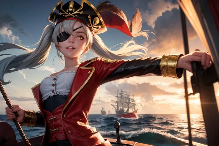 masterpiece:1.2, best quality, ship's steering, pirate ship background, portrait night time, stormy, sea, lightning centered, BREAK, <lora:cyclopsprincess_lastorigin_v1:0.8>, twintails, grey hair, very long hair, yellow eyes, cycpripirate, eyepatch, pirate hat, pirate, coat, plume, feather hair ornament, tube top, thigh strap, string bikini, black bikini, looking at viewer, evil grin, hands on wheel, BREAK ship's wheel, steering,