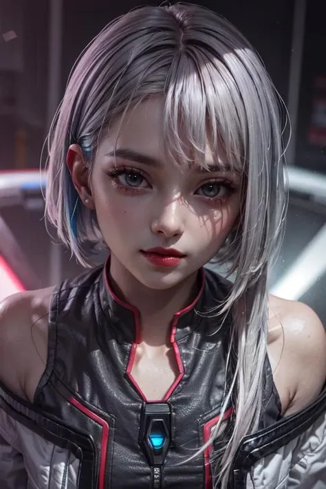 (best quality:1.2),masterpiece,
<lora:lucy offset:1>,lucy \(cyberpunk\),(grey hair:1.2),colorful hair,blue hair,(pink hair:0.8),gray eyes,(white eyebrows:1.2),red eyeliner,vermilion lips,colored tips,white jacket,long sleeve,(off-the-shoulder:1.2),
cyberpunk edgerunners,colorful light,