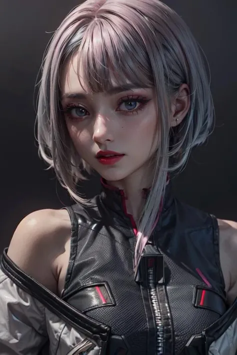 (best quality:1.2),masterpiece,
<lora:lucy offset:1>,lucy \(cyberpunk\),(grey hair:1.2),colorful hair,pink hair,blue hair,colored tips,gray eyes,(white eyebrows:1.2),red eyeliner,vermilion lips,white jacket,long sleeve,off-the-shoulder,