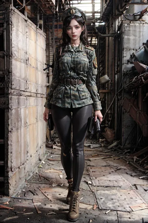 1girl, solo, dynamic angle, (Best quality, 8k, 32k, Masterpiece, UHD:1.2), Realistic , beautiful detailed hands, cinematic light, ultra detailed, (black hair:1.3), high quality, (beautiful woman soldier in a russian military uniform:1.4),(black leggings:1.3) skinny figure, whole body, full body viewer, (factory interior background:1.5), <lora:factory_ruins230422-20:0.75>, (very nervous look, frawn eyes:1.4), (shotting in abandend factory:1.5), holding rifle, ak-47, <lora:ak47:1>