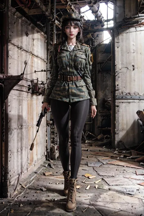 1girl, solo, dynamic angle, (Best quality, 8k, 32k, Masterpiece, UHD:1.2), Realistic , beautiful detailed hands, cinematic light, ultra detailed, (black hair:1.3), high quality, (beautiful woman soldier in a russian military uniform, black leggings:1.4), skinny figure, whole body, full body viewer, (factory interior background:1.5), <lora:factory_ruins230422-20:0.75>, (confidently training, a tired, very nervous look, an open-mouthed, frawn eyes:1.4), (running in abandend factory:1.5), holding rifle, ak-47, <lora:ak47:1>