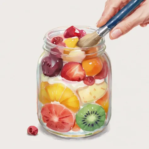 Create an image in watercolor style, depicting a hand holding a paintbrush, in the process of painting a dessert jar filled with various fruits. The brush strokes should capture the transparency and vibrancy of watercolors, emphasizing the rich colors of the fruits inside the jar and the delicate texture of the dessert. The background should be softly blurred, with light washes of color that focus attention on the detailed dessert jar and the painting hand<lora:waterdrawfd:0.8>