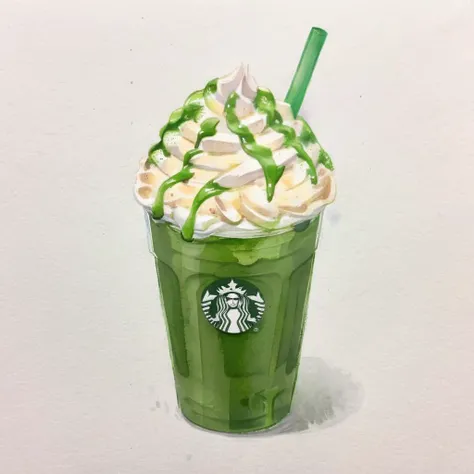 Generate an image in a watercolor style of a Matcha Frappuccino, brimming with whipped cream, served in a paper cup. Emphasize the creamy texture of the whipped cream and the vibrant green hue of the matcha blend. The watercolor technique should lend a fluid, soft appearance to the drink, with the colors gently blending into the background. Highlight the contrast between the smooth, frothy topping and the rich, textured body of the drink for a visually appealing composition,<lora:waterdrawfd:0.8>