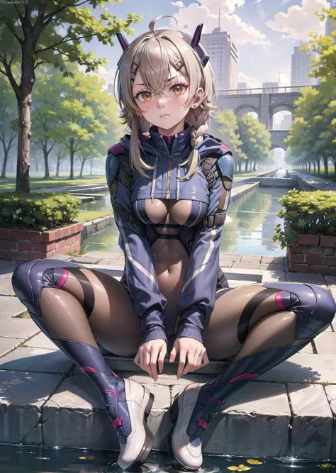 nsfw (1girl,  light brown hair medium hair dreadlocks, laser eyes, sad) (digital) (sitting in detailed dam, (bodysuit under clothes, saruei, <lora:saruei:1>)) , best quality, <lora:boldline:0.2>  <lora:hairdetailer:0.2>