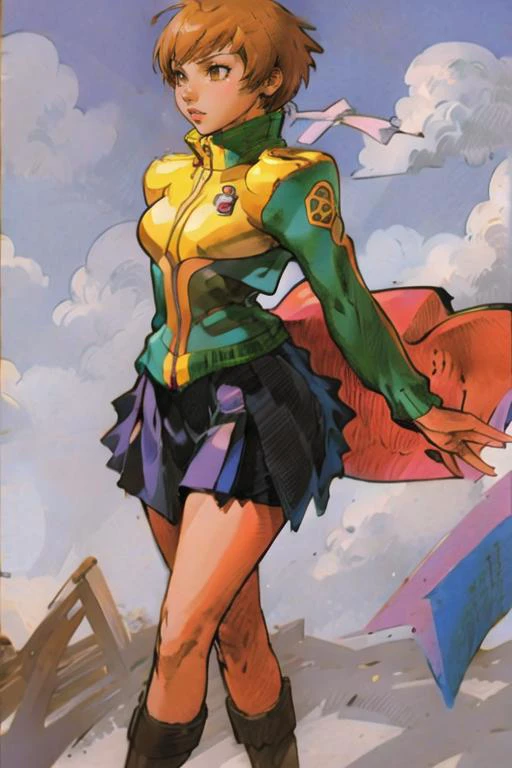 1girl, mvc2, <lora:MvC2:1> <lora:chie:1>, chie, track jacket, skirt