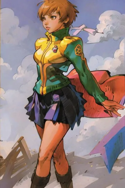 1girl, mvc2, <lora:MvC2:1> <lora:chie:1>, chie, track jacket, skirt