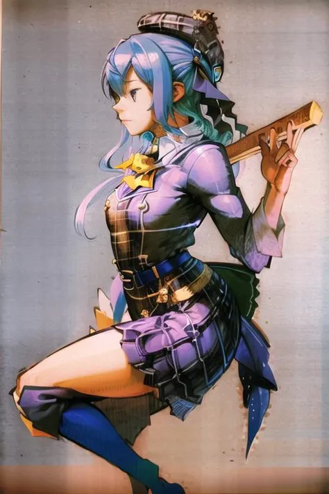 1girl, mvc2, <lyco:MvC2:1.0>, side profile, hoshimachi suisei, plaid skirt, plaid jacket, axe
