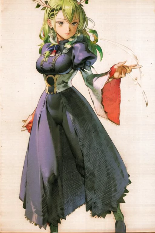 1girl, mvc2, <lyco:MvC2:1.0>, Ceres Fauna, antlers, long hair, braided bangs, hair flower, blue dress, wide sleeves, single thighhigh, bridal gauntlets, large breasts