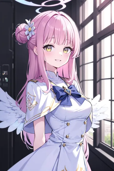 1girl, mika (blue archive), solo, pink hair, wings, halo, dress, long hair, high heels,single side bun, white dress, hair bun, yellow eyes, upper body,  hair ornament,  low wings, white wings, capelet, flower, scrunchie, looking at viewer, wrist scrunchie, hair flower, feathered wings, smile, very long hair, angel wings,  frills, bow, frilled dress, white capelet, bangs,  arms behind back,<lora:mika_misono_new_0.9:0.5>,upper body,white pantyhose,close up,(urban background:1.2),arms down, <lora:flat2:-0.2>,city,urban,window, <lora:last1:0.55>