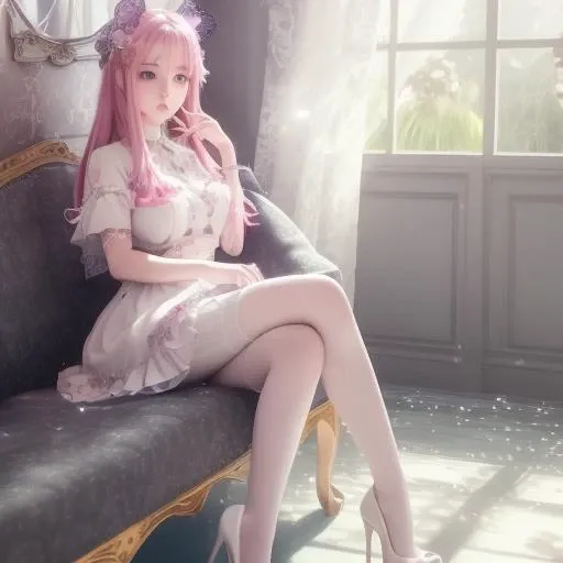 mika_misono, <lora:MikaMisono_v08Beta:0.6>, (masterpiece), (((extremely detailed CG unity 8k wallpaper))), day, best quality, illustration, beautiful detailed girl, lying at the window, depth of field, detailed face and beautiful face,wide-eyed, lace, frills, elegant, muted colors, sweet, sketch by jean - baptiste monge, embroidered, filigreed, long hair, pink hair, white pattern thighhighs, black high heels, yellow eyes, falling petals, butterfly, mystic atmosphere, pool, after rain, feathers, sparkle, light rays, lens flare, light particles, hyper detailed, exquisite detail, cinematic lighting, sharp focus, bokeh highlight, cinematic postprocessing,