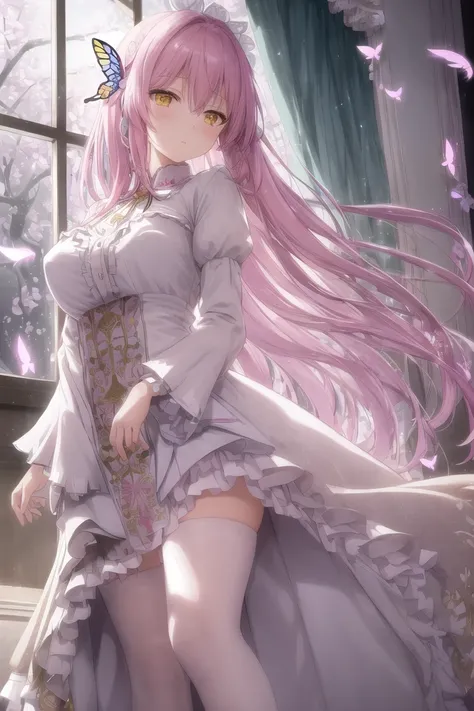 mika_misono, <lora:mika_misono_new:0.5>, (masterpiece), (((extremely detailed CG unity 8k wallpaper))), day,
best quality, illustration, beautiful detailed girl, lying at the window, depth of field, detailed face and beautiful face,wide-eyed, lace, frills, elegant, muted colors, sweet, sketch by jean - baptiste monge, embroidered, filigreed, long hair, pink hair, white pattern thighhighs, black high heels, yellow eyes,
falling petals, butterfly, mystic atmosphere, pool, after rain, feathers,
sparkle, light rays, lens flare, light particles, hyper detailed, exquisite detail, cinematic lighting, sharp focus, bokeh highlight, cinematic postprocessing,
