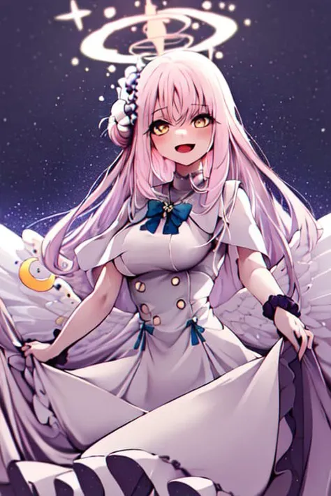 masterpiece, best quality, highres, portrait, 1girl, cowboy shot, princess, detailed face, long eyelashes, happy, very long hair, hair between eyes, frilled dress, choker, bride:0.8, open mouth, kawaii, mika_misono, <lora:mika_misono_new_0.9:1>