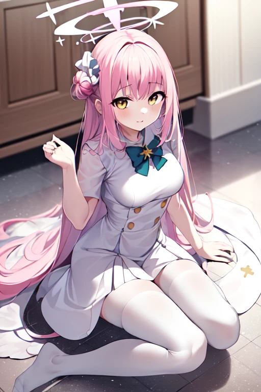 masterpiece, absurdres, highres, official art, 1girl, halo, angel, pink hair, mika_misono:1.24, very long hair, cute, kawaii, yellow eyes, wide-eyed, indoors, reflective floor, white thighhighs, <lora:mika_misono_new_0.9:0.7>
