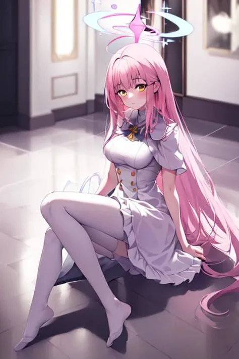 masterpiece, absurdres, highres, official art, 1girl, halo, angel, pink hair, mika_misono:1.24, very long hair, cute, kawaii, yellow eyes, wide-eyed, indoors, reflective floor, white thighhighs, <lora:mika_misono_new_0.9:0.7>