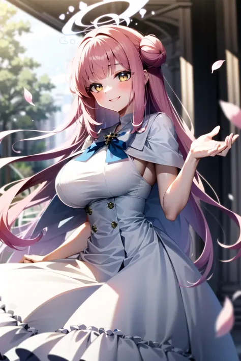 masterpiece, best quality, highres, 1girl, <lora:MikaMisono_v09Beta:0.8>, white capelet, white bow, white dress, pink hair, yellow eyes, single hair bun, halo, ((outdoors)), petals, pink theme, smile, large breasts, cinematic