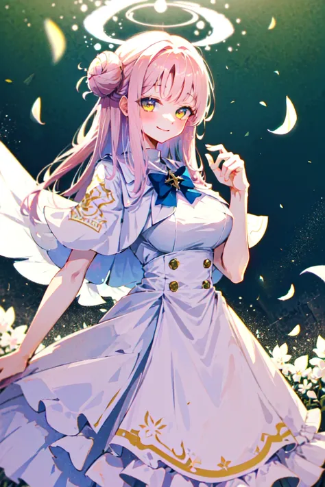 masterpiece, best quality, highres, 1girl, <lora:MikaMisono_v09Beta:0.8>, white capelet, white bow, white dress, pink hair, yellow eyes, single hair bun, halo, standing, cowboy shot, petals, pink theme, smile, large breasts, cinematic