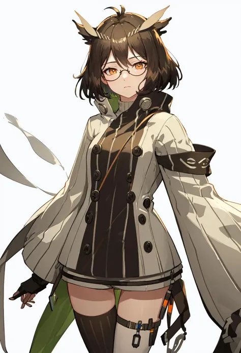 best quality, masterpiece, highres, solo, (silence_arknights:1.10), 1girl, black thighhighs, long sleeves, looking at viewer, rhine lab logo, simple background, thigh strap, single thighhigh, armband, white background, cowboy shot, jacket, black-framed eyewear, id card, orange eyes, vial, closed mouth, 5 <lora:silence_arknights:0.80>